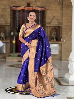 Ekta Textiles - Women Blue Soft Pathani Silk Zari Woven Saree with Unstitched Blouse
