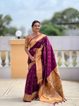 Ekta Textiles - Wine Soft Pathani Silk Zari Woven Saree with Unstitched Blouse