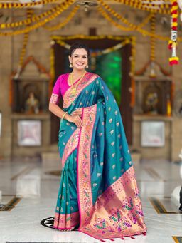 Ekta Textiles - Teal Soft Pathani Silk Zari Woven Motifs Saree with Unstitched Blouse