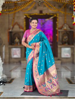 Ekta Textiles - Women Blue Pathani Silk Zari Woven Motifs Saree with Unstitched Blouse