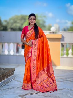 Ekta Textiles - Orange Soft Pathani Silk Zari Woven Motifs Saree with Unstitched Blouse