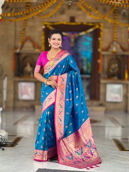Ekta Textiles - Women Blue Pathani Silk Zari Woven Motifs Saree with Unstitched Blouse