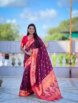 Ekta Textiles - Wine Soft Pathani Silk Zari Woven Motifs Saree with Unstitched Blouse