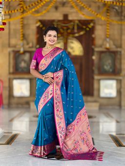 Ekta Textiles - Women Blue Pathani Silk Zari Woven Motifs Saree with Unstitched Blouse