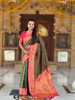 Ekta Textiles - Olive Soft Pathani Silk Zari Woven Motifs Saree with Unstitched Blouse