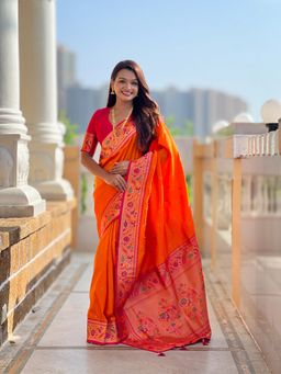 Ekta Textiles - Orange Soft Pathani Silk Zari Woven Motifs Saree with Unstitched Blouse
