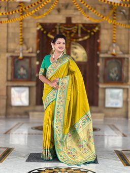 Ekta Textiles - Women Green Soft Pathani Silk Zari Woven Saree with Unstitched Blouse