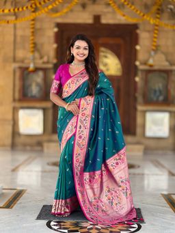 Ekta Textiles - Teal Soft Pathani Silk Zari Woven Motifs Saree with Unstitched Blouse