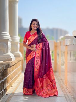 Ekta Textiles - Wine Soft Pathani Silk Zari Woven Motifs Saree with Unstitched Blouse