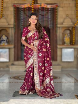 Ekta Textiles - Maroon Soft Dolla Silk All-Over Meenakari Woven Saree with Unstitched Blouse