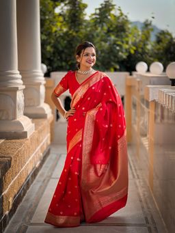 Ekta Textiles - Red Soft Silk Zari Motifs Rich Pallu Saree with Unstitched Blouse