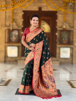 Ekta Textiles - Women Green Soft Pathani Silk Zari Woven Saree with Unstitched Blouse