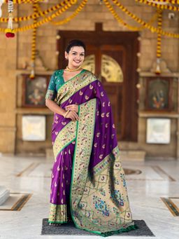 Ekta Textiles - Purple Soft Pathani Silk Zari Woven Motifs Saree with Unstitched Blouse