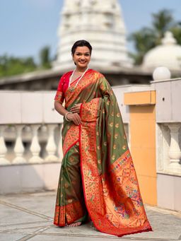 Ekta Textiles - Olive Soft Pathani Silk Zari Woven Motifs Saree with Unstitched Blouse