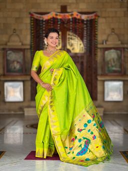 Ekta Textiles - Green Soft Pathani Silk Zari Saree with Unstitched Blouse
