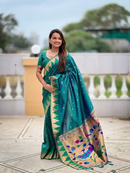 Ekta Textiles - Teal Soft Pathani Silk Zari Saree with Unstitched Blouse