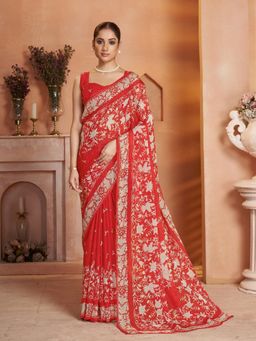 Garden VARELI - Women Organza Floral Printed Red Saree with Unstitched Blouse
