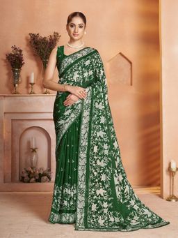 Garden VARELI - Women Organza Floral Printed Green Saree with Unstitched Blouse