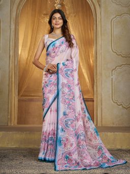 Garden VARELI - Women Organza Floral Printed Pink Saree with Unstitched Blouse