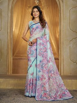 Garden VARELI - Women Organza Floral Printed Turquoise Saree with Unstitched Blouse