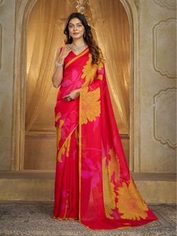 Garden VARELI - Women Organza Floral Printed Red Saree with Unstitched Blouse