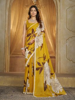Garden VARELI - Women Organza Floral Printed Mustard Saree with Unstitched Blouse