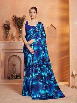 Garden VARELI - Women Silk Blend Floral Printed Blue Saree Without Blouse
