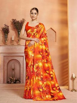 Garden VARELI - Women Silk Blend Floral Printed Orange Saree Without Blouse