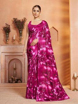 Garden VARELI - Women Silk Blend Floral Printed Pink Saree Without Blouse