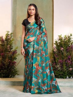 Garden VARELI - Women Silk Blend Abstract Printed Teal Saree Without Blouse