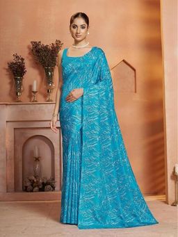 Garden VARELI - Women Silk Blend Floral Printed Blue Saree Without Blouse