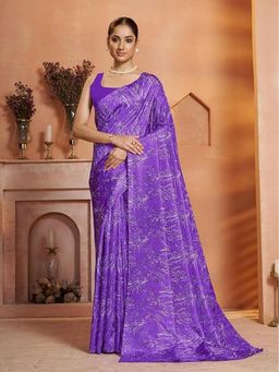 Garden VARELI - Women Silk Blend Floral Printed Purple Saree Without Blouse