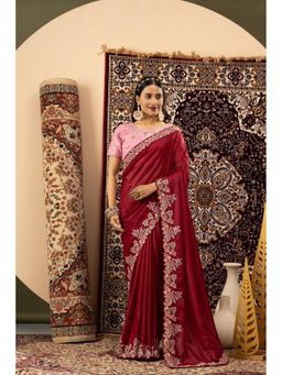 Sedora Couture - Women Georgette Embroidered Red Saree with Unstitched Blouse
