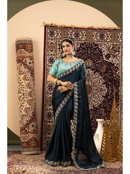 Sedora Couture - Women Georgette Embroidered Teal Saree with Unstitched Blouse