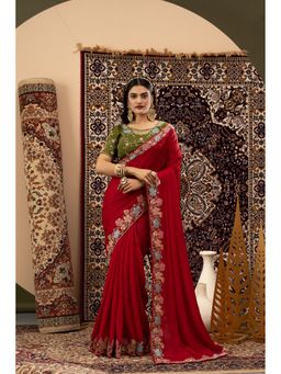 Sedora Couture - Women Silk Embroidered Red Saree with Unstitched Blouse