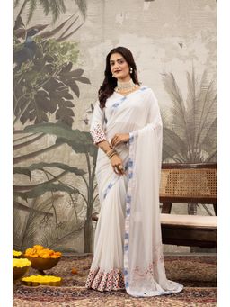 Sedora Couture - Women Georgette Embroidered Off White Saree with Unstitched Blouse