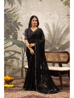 Sedora Couture - Women Georgette Embroidered Black Saree with Unstitched Blouse