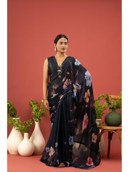 Sedora Couture - Women Georgette Floral Printed Blue Saree with Unstitched Blouse