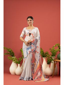 Sedora Couture - Women Georgette Geometric White Saree with Unstitched Blouse