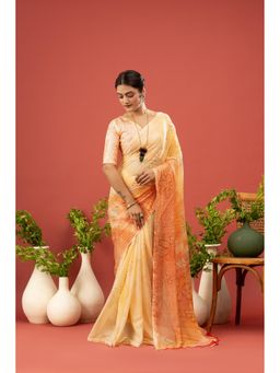 Sedora Couture - Women Georgette Floral Printed Yellow Saree with Unstitched Blouse