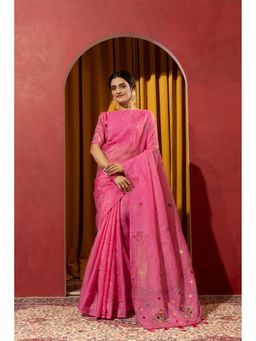 Sedora Couture - Women Polyester Embroidered Pink Saree with Unstitched Blouse
