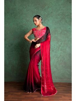 Sedora Couture - Women Chiffon Embellished Red Saree with Unstitched Blouse