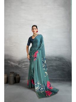 Sedora Couture - Women Silk Blend Embellished Teal Saree with Unstitched Blouse