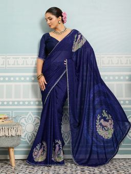 Sedora Couture - Women Georgette Embellished Blue Saree with Unstitched Blouse