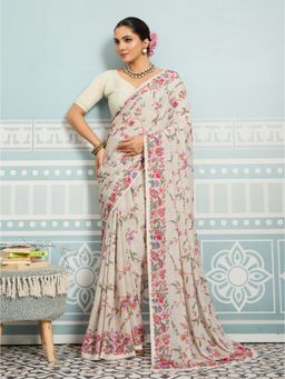Sedora Couture - Women Georgette Floral Printed Off White Saree with Unstitched Blouse
