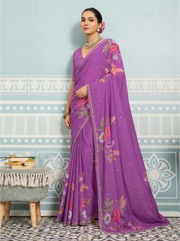 Sedora Couture - Women Georgette Floral Printed Purple Saree with Unstitched Blouse