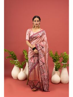 Sedora Couture - Women Poly Silk Embroidered Peach Saree with Unstitched Blouse