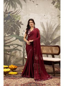 Sedora Couture - Women Georgette Embroidered Maroon Saree with Unstitched Blouse