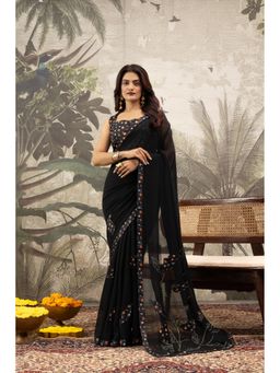 Sedora Couture - Women Georgette Embroidered Black Saree with Unstitched Blouse