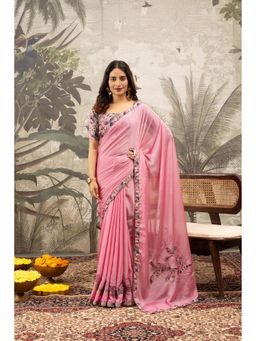 Sedora Couture - Women Georgette Embroidered Pink Saree with Unstitched Blouse